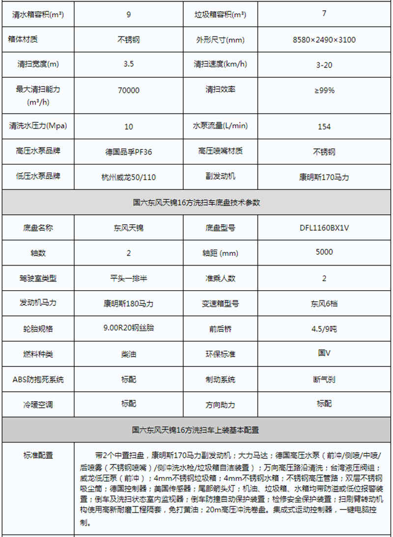 國六天錦洗掃車參數(shù)